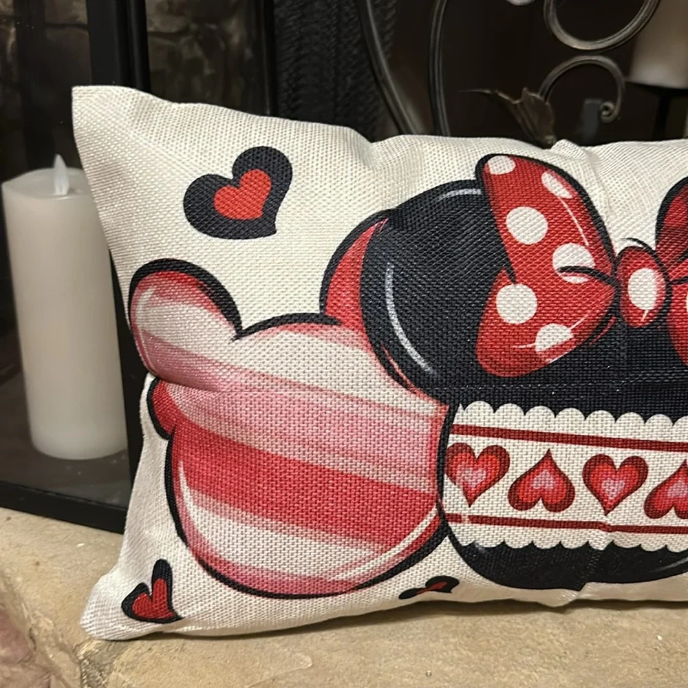 New Valentines Day Disney Mickey and Minnie Mouse Linen Lumbar Pillowcase